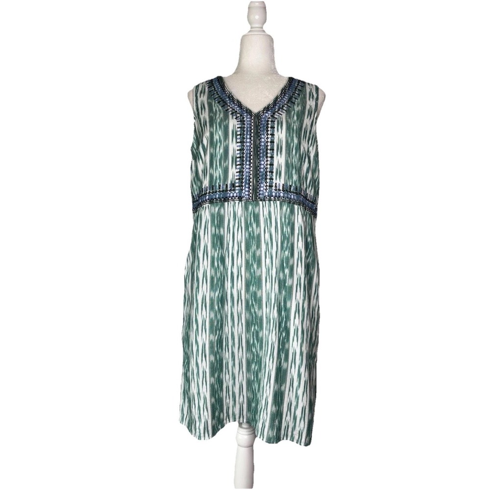 J. Jill Sheath Dress S Blue Green Ikat Embroidered Sleeveless V Neck Cotton